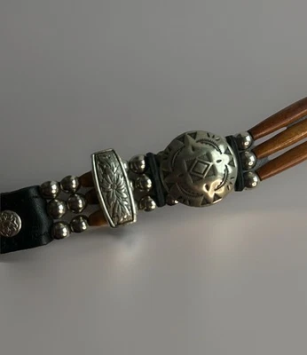 Vintage Western Concho Beaded Belt Black Leather Silver Tone & Faux Bone 32” - Image 1 of 4