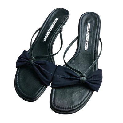 Sandalias Donald J. Pliner de cuero negro con lazo punta abierta tacón de gatito talla 7,5 M Foto 1 de 4