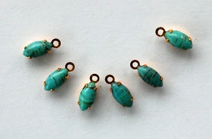 VINTAGE 6 GLASS NAVETTE MARQUIS PENDANT BEADS TINY • 8x4mm • TURQUOISE MATRIX  - Picture 1 of 2