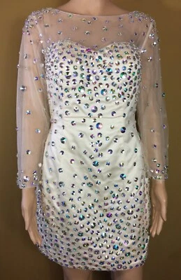 Women Ivory,Crystals/Beads Tulle,Long Sleeves,Sheath,Mini Dress Wedding V-Back - Image 1 of 4