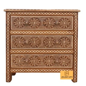 Home Décor Wooden Bone Inlay Floral Design Chest of 3 Drawers Dresser - Picture 1 of 5