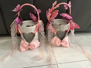 Candleholders weathered wood pink butterflies lace centerpiece or table Topper - Picture 1 of 7