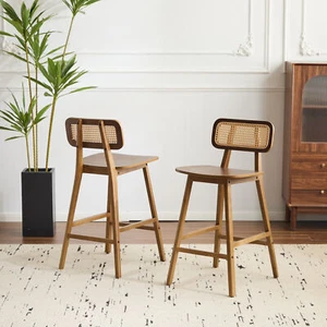 Set of 2 Bar Stools 26.25"Counter Height Wood Pub Chairs Barstools W/Rattan Back - Picture 1 of 12
