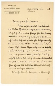 Richard Wilde Brief Franz Wallner Autograph Berliner Börsen-Courier 6.2.1907 - Bild 1 von 2