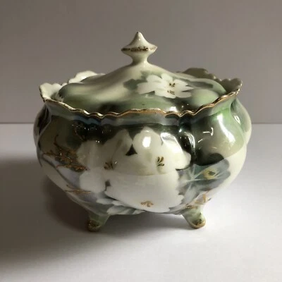 RS GERMANY  AZAEA Footed Biscuit Jar Marked R.S. Prussia Green /White Gold  EUC - Image 1 of 4