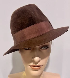 YSL Vintage Años 70 Delicioso Chocolate Marrón Terciopelo Piel Fieltro Fedora Talla S 55cm - Imagen 1 de 21