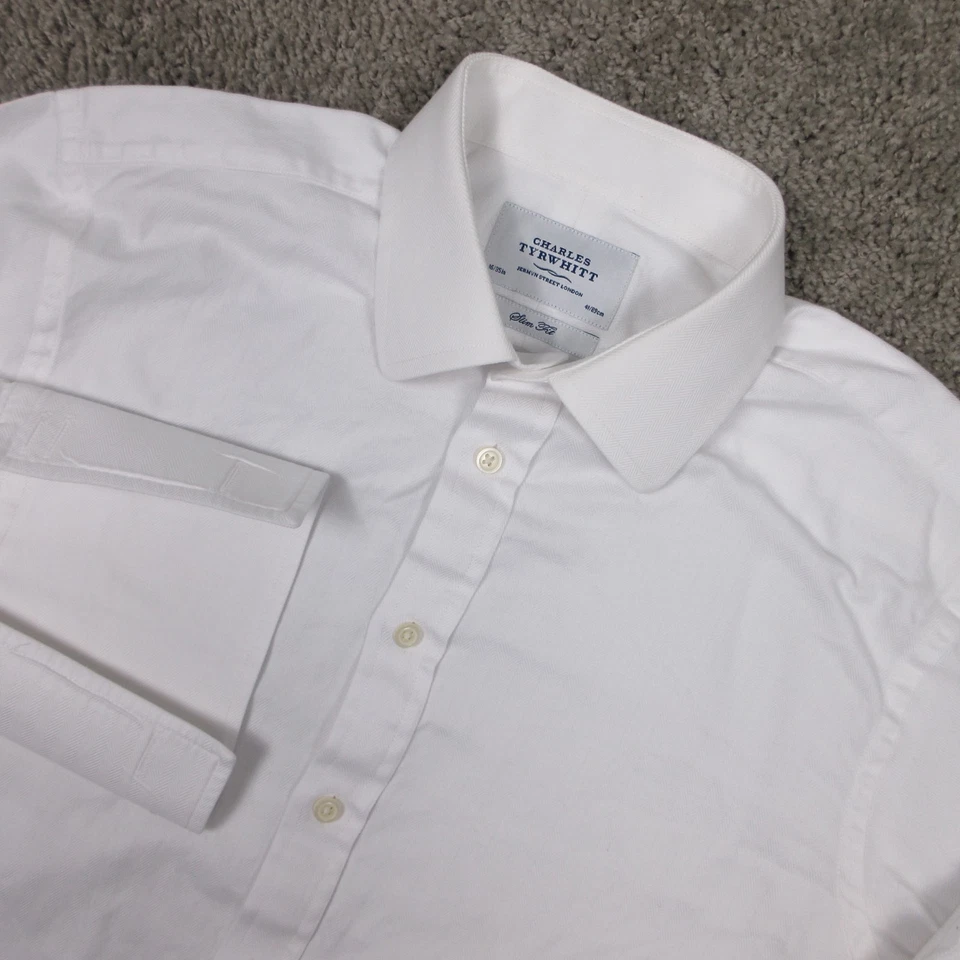 Charles Tyrwhitt Shirt Mens L 16 35 White Herringbone French Cuff Dress Button U - Image 1 of 4