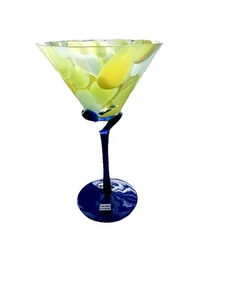 Hand Made In Romania Art Glass Martini Glass 7.5” Yellow Blue Swirl Stem - Picture 1 of 10