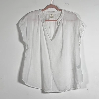 H&M Split V-Neck Top Blouse Womens Sz L White Band Collar Short Cap Sleeves - Image 1 of 4