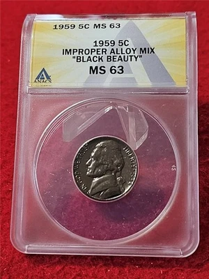 1959 Jefferson Nickel  ANACS MS 63  "BLACK BEAUTY" IMPROPER ALLOY MIX    #T6026 - Image 1 of 2