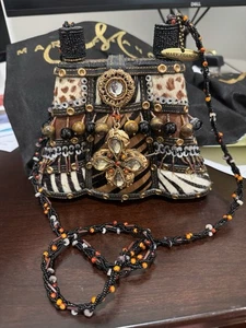 Mary Frances Black/Brown Animal Print Cow Hair Beaded Designer Purse - Retired - Picture 1 of 8