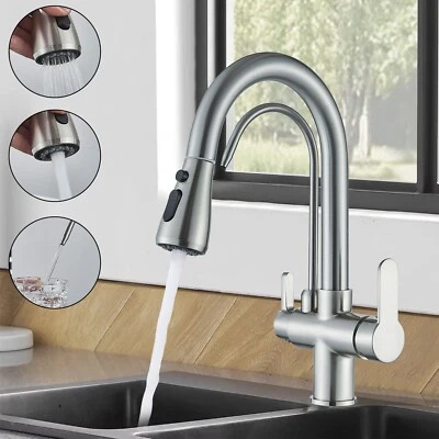 3 Ways Kitchen taps Pure Water Filter Pull Out Spray 360° Swivel Spout Mixer Tap - Image 1 of 4