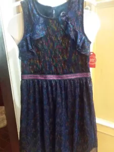 GIRLS CRINCKLE MESH/METALLIC PARTY DRESS..NEW..NAVY/PINK MULTICOLOR LARGE 10-12 - Picture 1 of 9
