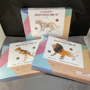 Lot of 3 Allessimo Reality 3D Wooden Tiger/lion/DinoPuzzle Model Paint Kit  - Picture 1 of 10