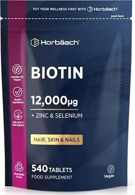 HORBAACH Biotin Hochdosiert 12.000 mcg - Komplex mit Zink, Selen | 540 vegane Tabletten