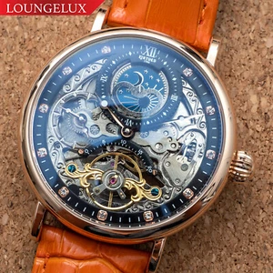 Mens Dual Time Automatic Mechanical Watch Rose Gold Orange Deployant Buckle - Picture 1 of 12