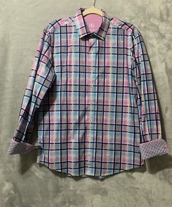 Bugatchi Mens Plaid Button Up Shirt Size Lg Purple Spring Summer Preppy Office - Picture 1 of 12