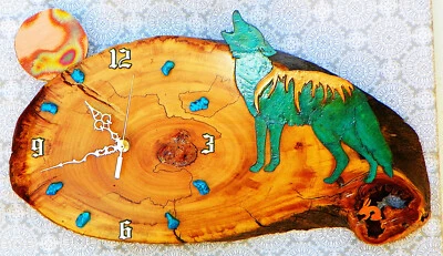 Wolf with Moon, Rabbit, and Turquoise Stones  20" x 13" x 3"  Rustic Wall Clock - Image 1 of 4