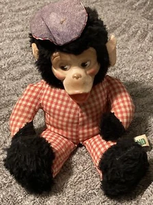 Vintage Red Plaid Mr. Bim Zippy Rubber Faced Plush Monkey Gund Train Conductor - Picture 1 of 6