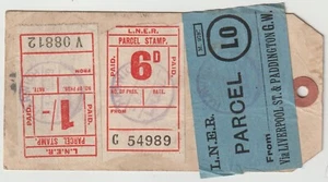 1929 ESSEX LNER PARCEL TAG HARWICH 1d & 6d PARCEL STAMPS MRS YOUNGJOHNS WORCS - Picture 1 of 2