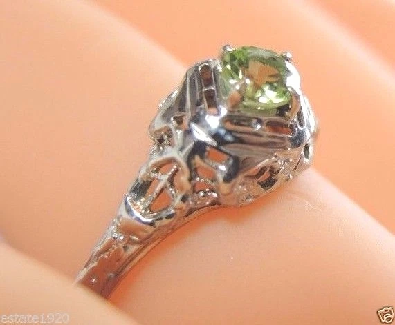 古董艺术装饰 Peridot 订婚 18K 白金戒指 尺寸 5.75 英国-L — 第 1/4 张图片