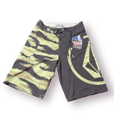 Volcom Gray Beige Striped Board Shorts Size 26" Swim Trunks Retro Abstract Y2K - Image 1 of 3