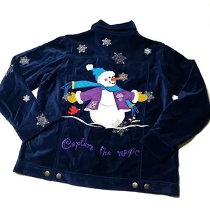 The Quacker Factory Christmas Snowman Snowflake Blue Velour Jacket Embroidered S - Bild 1 von 5