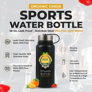 Organic Greek Sports Water Bottle - 28 Oz, Leak Proof - Black Stainless Steel - Picture 1 of 3