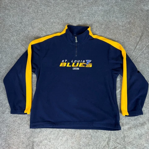 St Louis Blues Men Sweater Extra Large Navy Yellow CCM Hockey NHL 1/4 Zip Fleece Cover