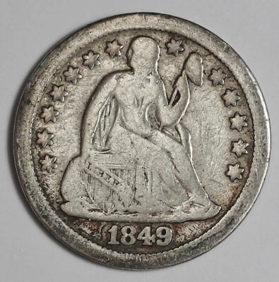 Moneda de diez centavos libertad sentada 1849.  Sobre bien.  197381 Foto 1 de 2