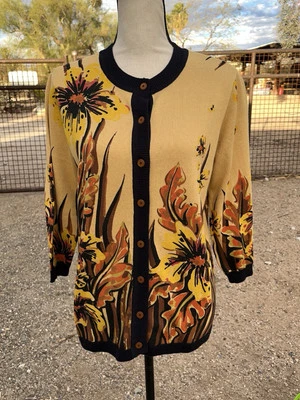 Bob Mackie VTG Wearable Art Cardigan Sweater Yellow Brown Size S 3/4 Sleeves - Image 1 of 4