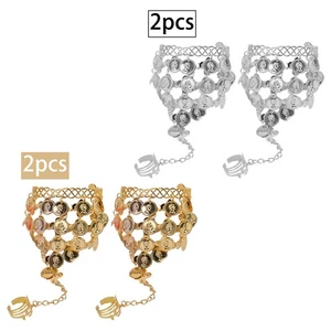 1 Pair Women Boho Belly Dance Bracelet Dance Gypsy Bracelet w/Finger Ring Party - Picture 1 of 12