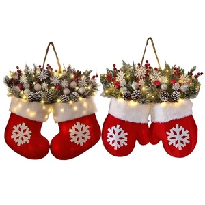Funkelnder Weihnachts-Fäustlingskranz, beleuchteter Kranz, künstliche Girlande - Bild 1 von 13