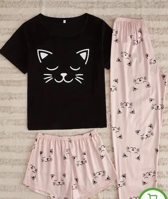 Pijama feminino 3 peças estampa de gato macio manga curta pijama e shorts e calças longas GG - Imagem 1 de 4
