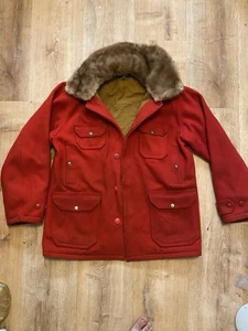 50s Woolrich Mens Mackinaw Cruiser Red Wool Heavy Hunting Jacket Mink Collar - Picture 1 of 15