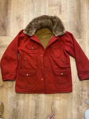 50s Woolrich Mens Mackinaw Cruiser Red Wool Heavy Hunting Jacket Mink Collar - Image 1 of 4