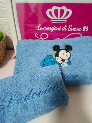set asciugamani bagno ricamati personalizzati topolino bambino idea regalo - Immagine 1 di 3
