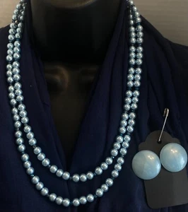 Vintage blaue Kunstperlen facettierte Perlenkette mit Vintage runden Clip Ohrringe - Bild 1 von 8