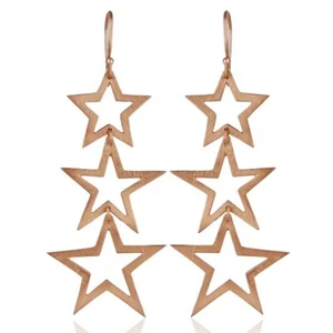 Yellow Gold Plated Textured Three Star Long Dangle Charm Earring Gift For Love - Picture 1 of 4