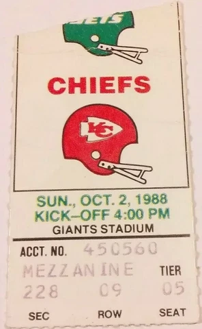 1988 New York Jets Kansas City Chiefs NFL Football Ticket Stub Cover