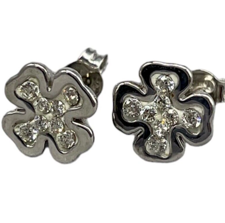 Orecchini donna bambina oro bianco 18kt carati nuovo quadrifoglio con puntiluce. - Immagine 1 di 4