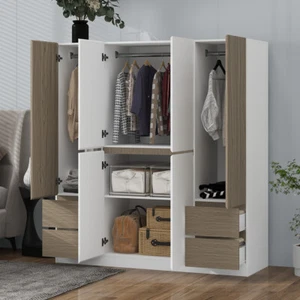 6 Doors Wardrobe Armoire Closet Hanging Rail Organizer Storage Cabinet 4 Drawer - Picture 1 of 8
