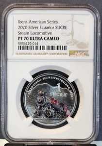 2020 ECUADOR SILVER 1 SUCRE STEAM LOCOMOTIVE NGC PF 70 ULTRA CAMEO RARE PERFECT - Picture 1 of 3