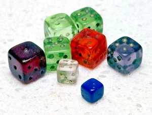 Vintage Mini Glass Dice Lot (8) – Mixed Colors 4–8mm – Translucent w/ Etched Pip - Picture 1 of 8