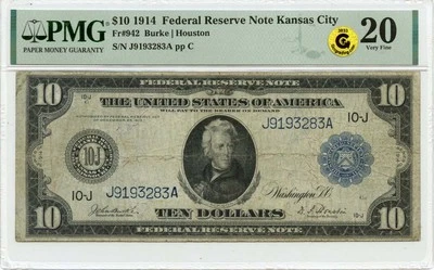 1914 $10 Federal Reserve Note Kansas City KS PMG VF20 GCC Gold - Image 1 of 2