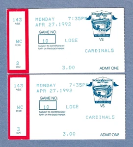 Lote de 2 talones de boletos 1992 LA Dodgers vs St. Louis Cardinals 27 de abril juego 10 - Imagen 1 de 2