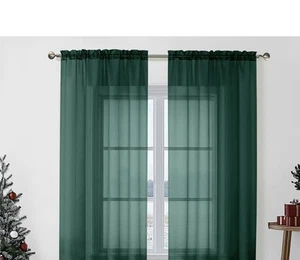 Hunter Green Sheer Curtain Drapes 84 Inch Length 2 Panels for Living Room - Picture 1 of 7