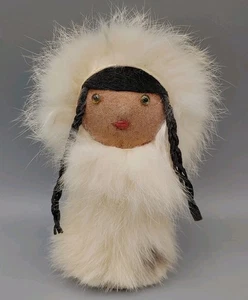 Vintage Kaninchenfell Eskimo Puppe Leder Glasaugen Volkskunst 6" handgefertigt USA - Bild 1 von 8