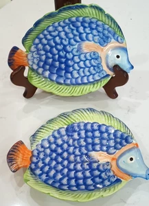 Set of 2: PLUS 2 FREE! Pier 1 Imports Fish Dishes Hand Painted Porcelain L@@K! - Picture 1 of 5