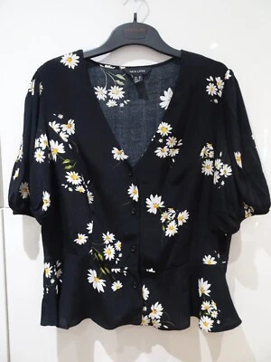 New Look Black Daisy Peplum Occasion Casual Blouse Size 14 - Image 1 of 4